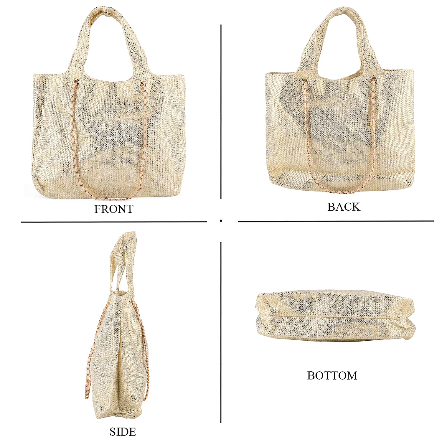 Elegant Shimmering Tote Bag with Chain Strap - Gold & Off White