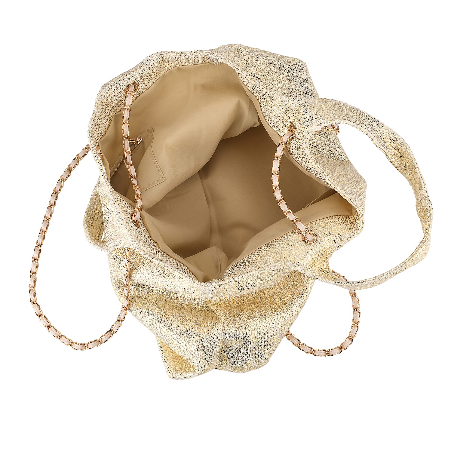 Elegant Shimmering Tote Bag with Chain Strap - Gold & Off White