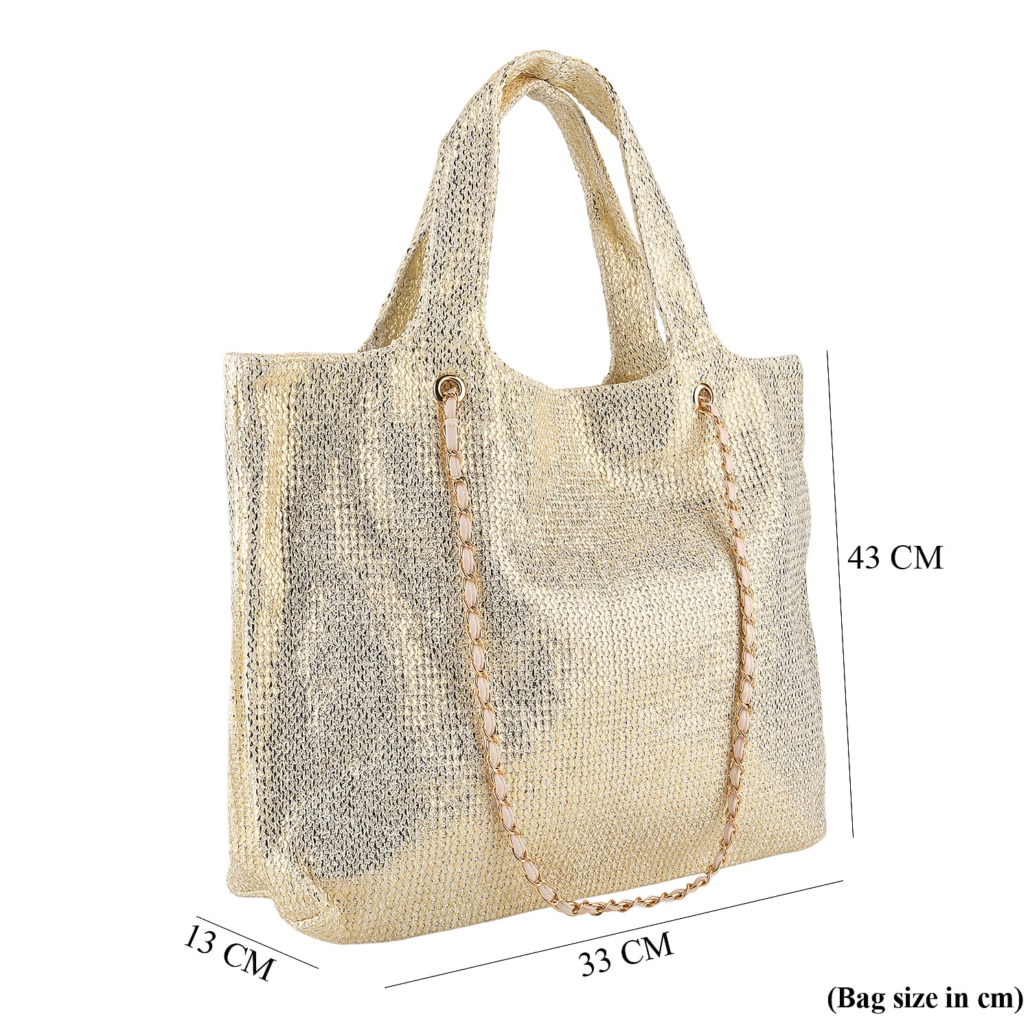 Elegant Shimmering Tote Bag with Chain Strap - Gold & Off White