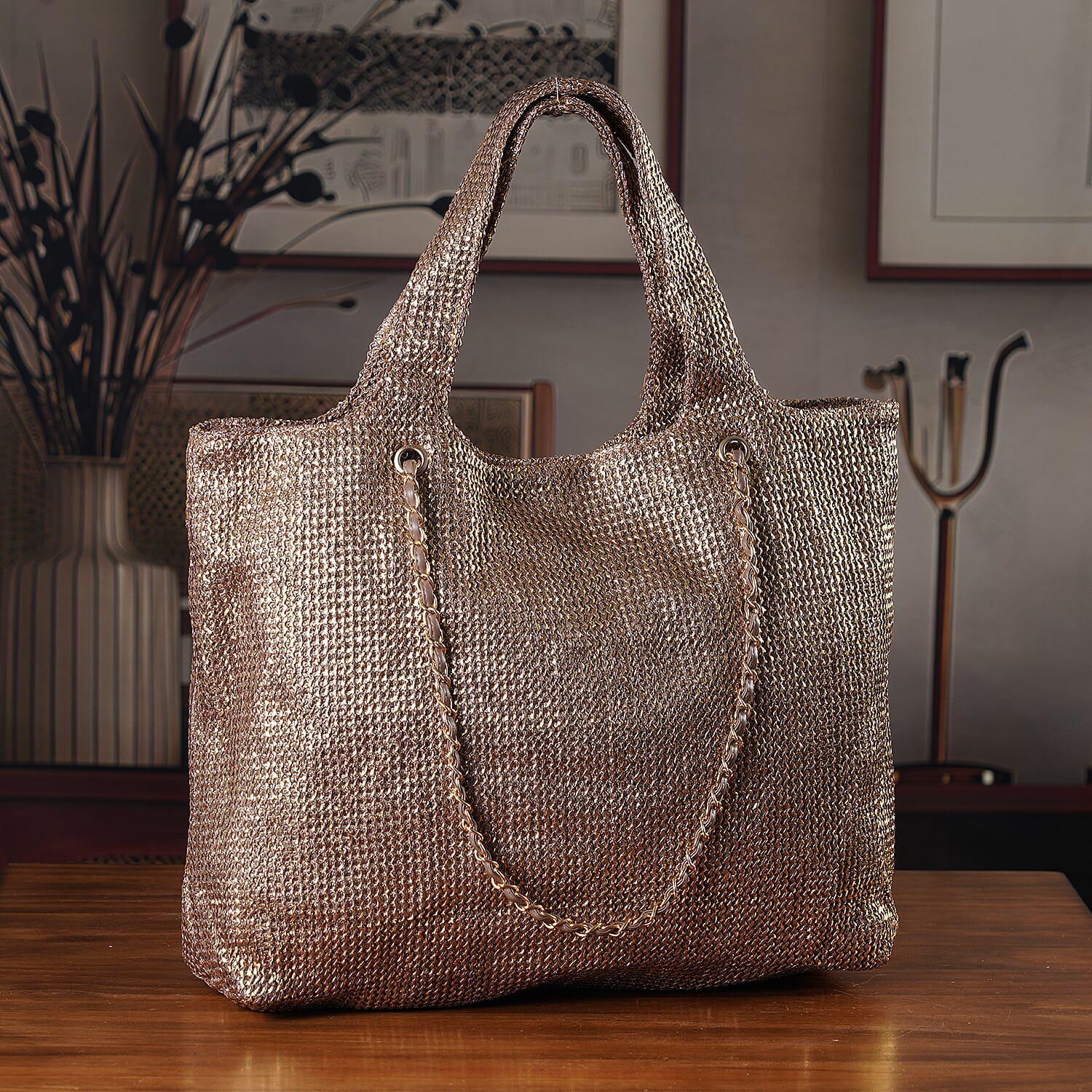 Elegant Shimmering Tote Bag with Chain Strap