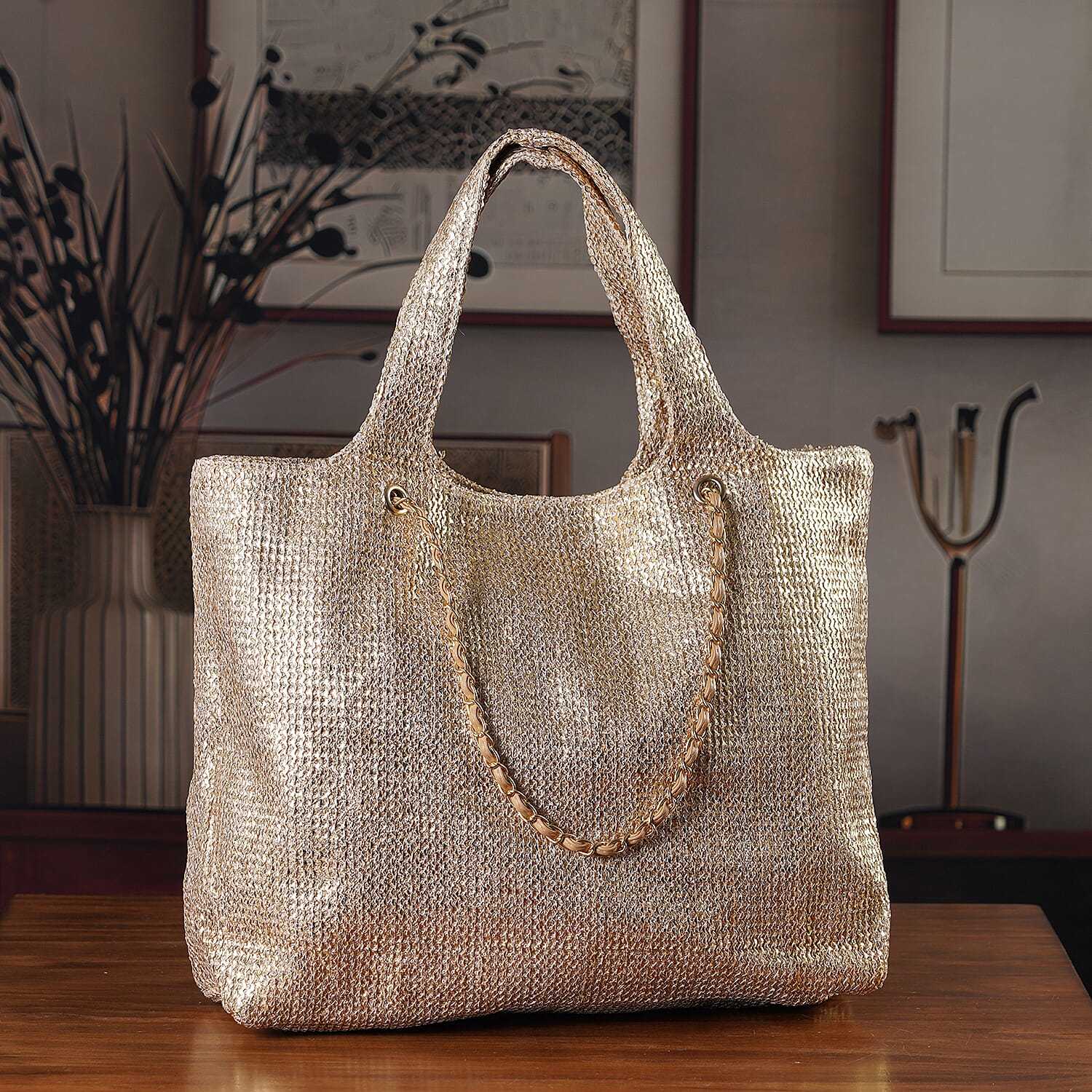 Elegant Shimmering Tote Bag with Chain Strap