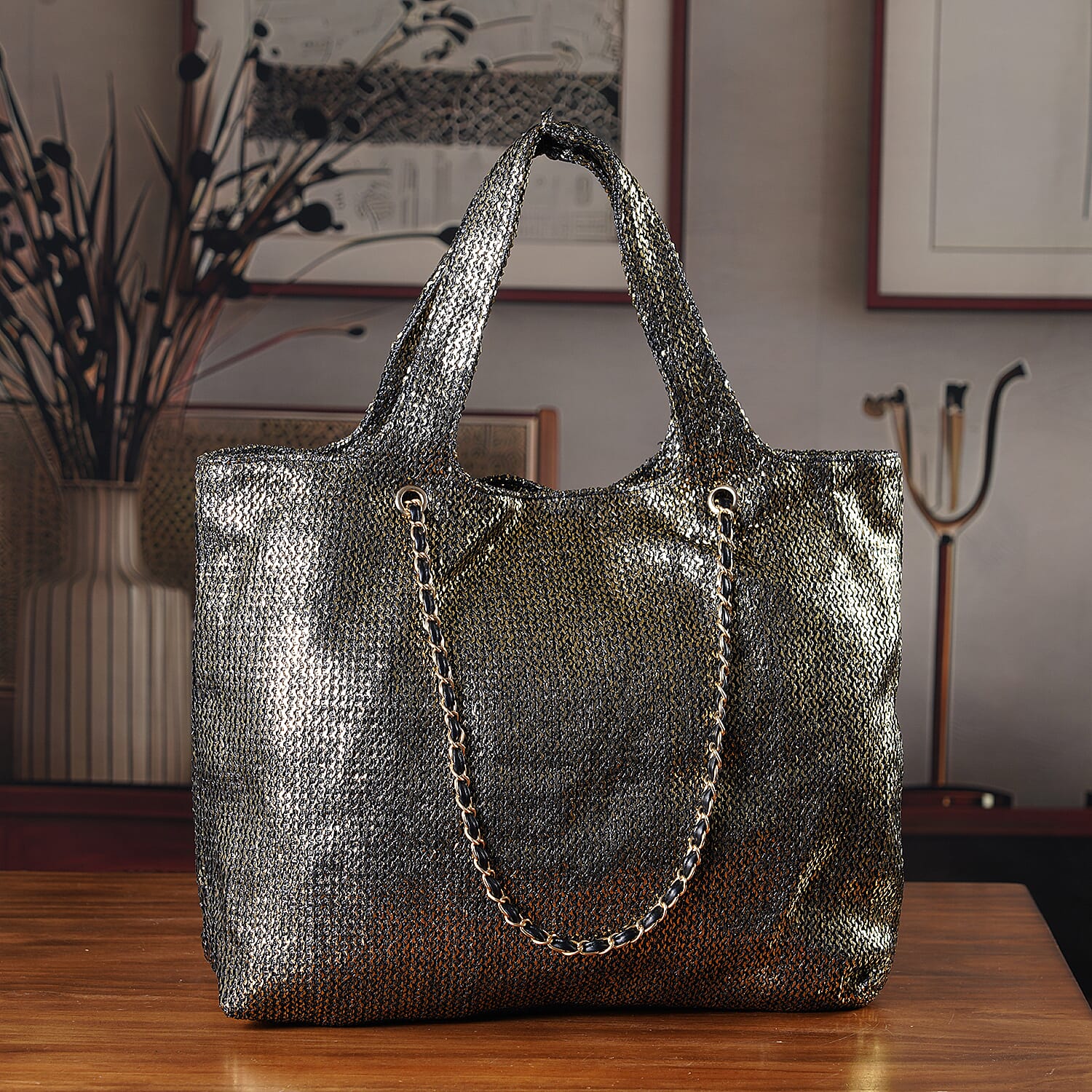 Elegant Shimmering Tote Bag with Chain Strap