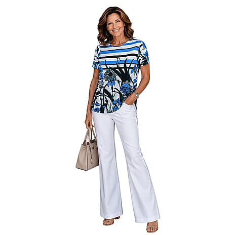 Pure And Natural Ladies Printed Elastane Top (Size 10-12) - Blue