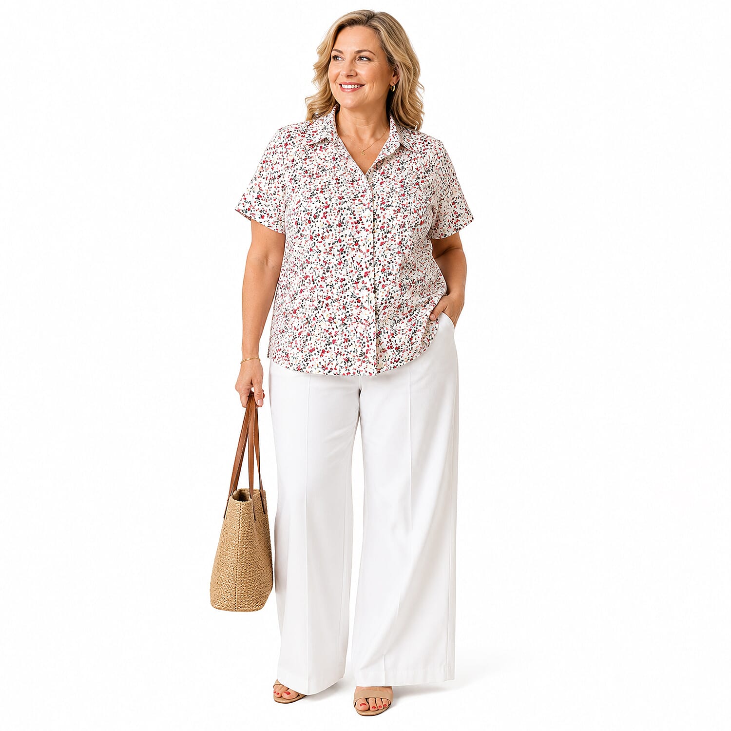 Emma Ladies Short Sleeve Button-Thru Shirt (Size 12) - White & Red