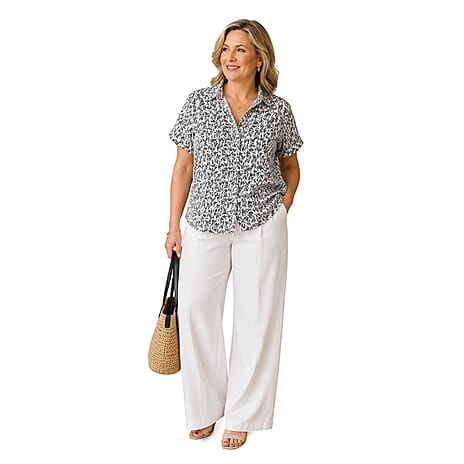 Emma Ladies Short Sleeve Button-Thru Shirt (Size 12) - White & Black