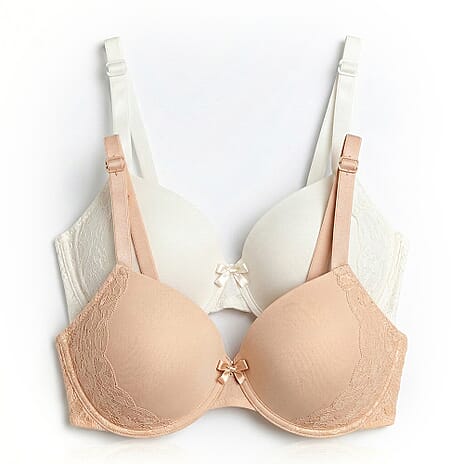 Valbonne Womens Pack Of 2 Padded Underwire T-Shirt Bra With Lace Detail (Size 38DD) - Beige & White