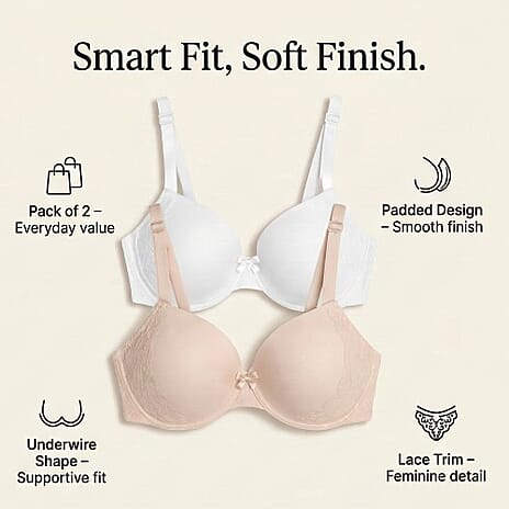 Valbonne Womens Pack Of 2 Padded Underwire T-Shirt Bra With Lace Detail (Size 38DD) - Beige & White