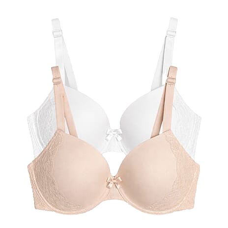 Valbonne Womens Pack Of 2 Padded Underwire T-Shirt Bra With Lace Detail (Size 36G) - Beige - White