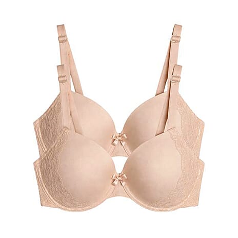 Valbonne Womens Pack Of 2 Padded Underwire T-Shirt Bra With Lace Detail (Size 42F) - Nude