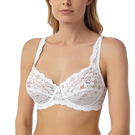 Full Cup Floral Lace Underwire Bra With Scalloped Trim And Supportive Lift (Size 38D) - White