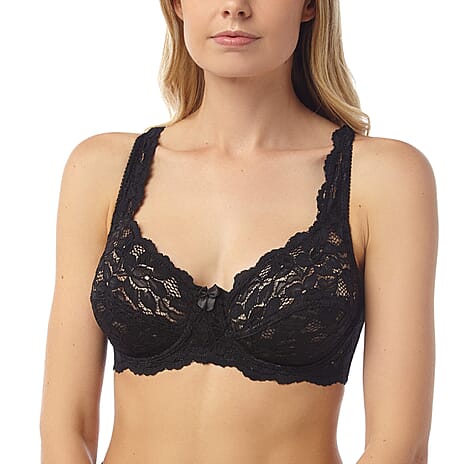 Full Cup Floral Lace Underwire Bra With Scalloped Trim And Supportive Lift (Size 42D) - Black