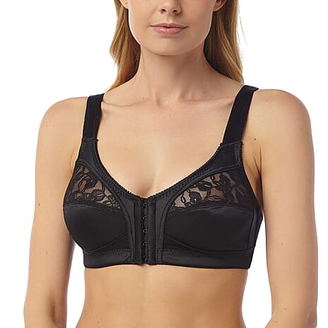 Marlon Firm Control Wireless Bra With Easy Front Fastening, Wide Straps And Lace Trim (Size 44C) - Black