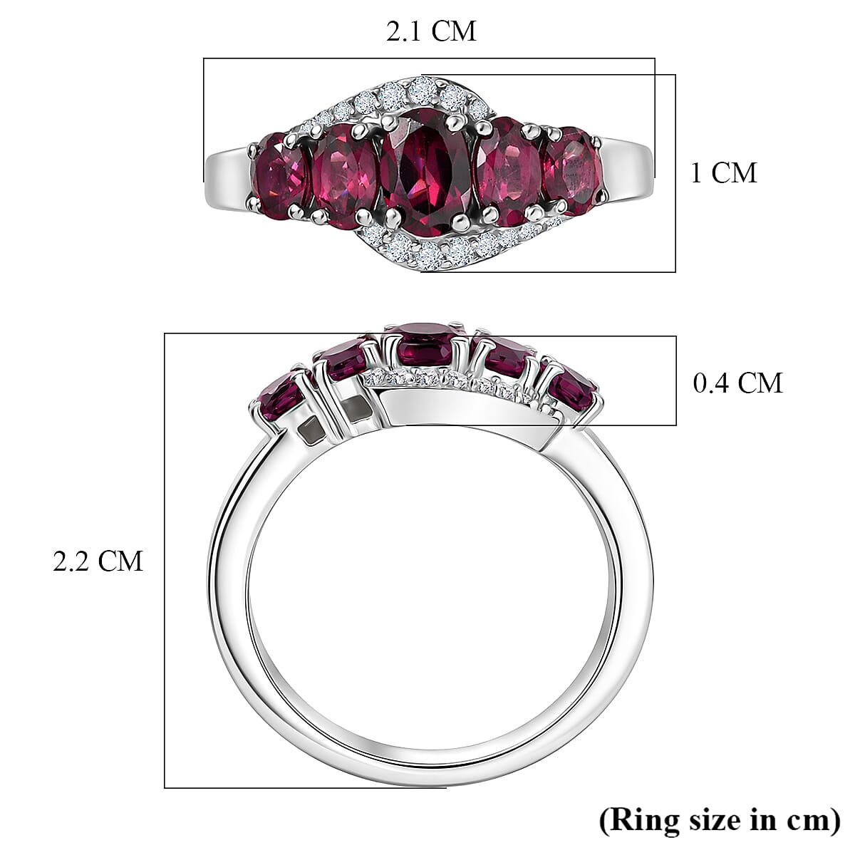 D'Joy Rhodolite Garnet & White Zircon 5 Stone Ring in Platinum Overlay Sterling Silver 1.80 Ct.