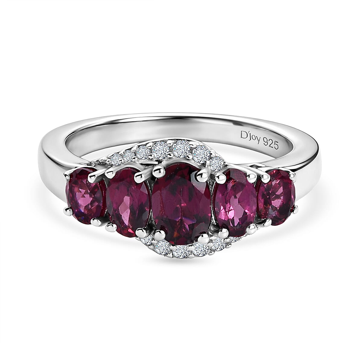 D'Joy Rhodolite Garnet & White Zircon 5 Stone Ring in Platinum Overlay Sterling Silver 1.80 Ct.