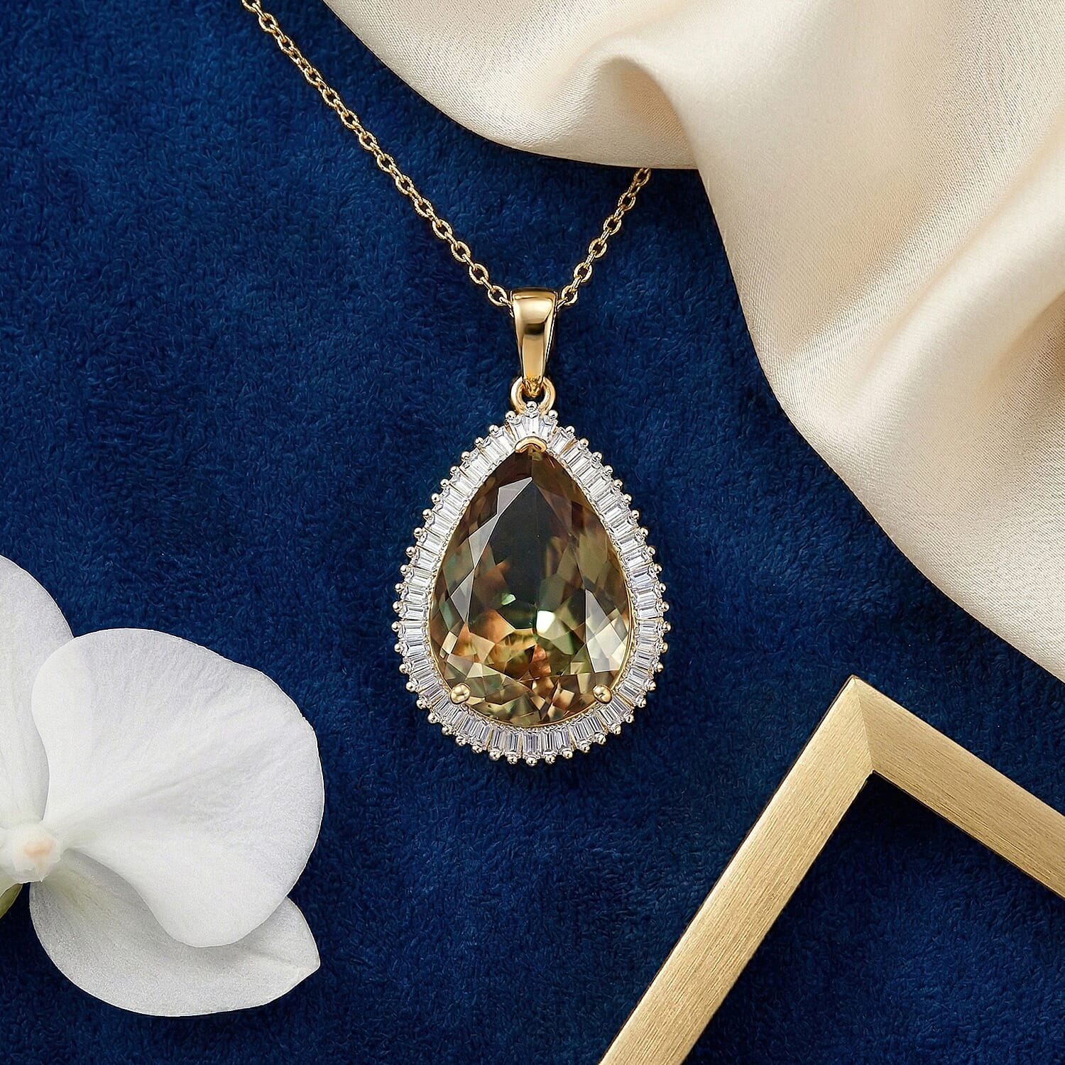 Heirloom Collection - Rhapsody 18K Yellow Gold AAAA Natural Turkizite (10ct) & VS-E-F Earth Mined Natural White Diamond (0.63ct) Pear Cut Halo Pendant 10.50 Ct,