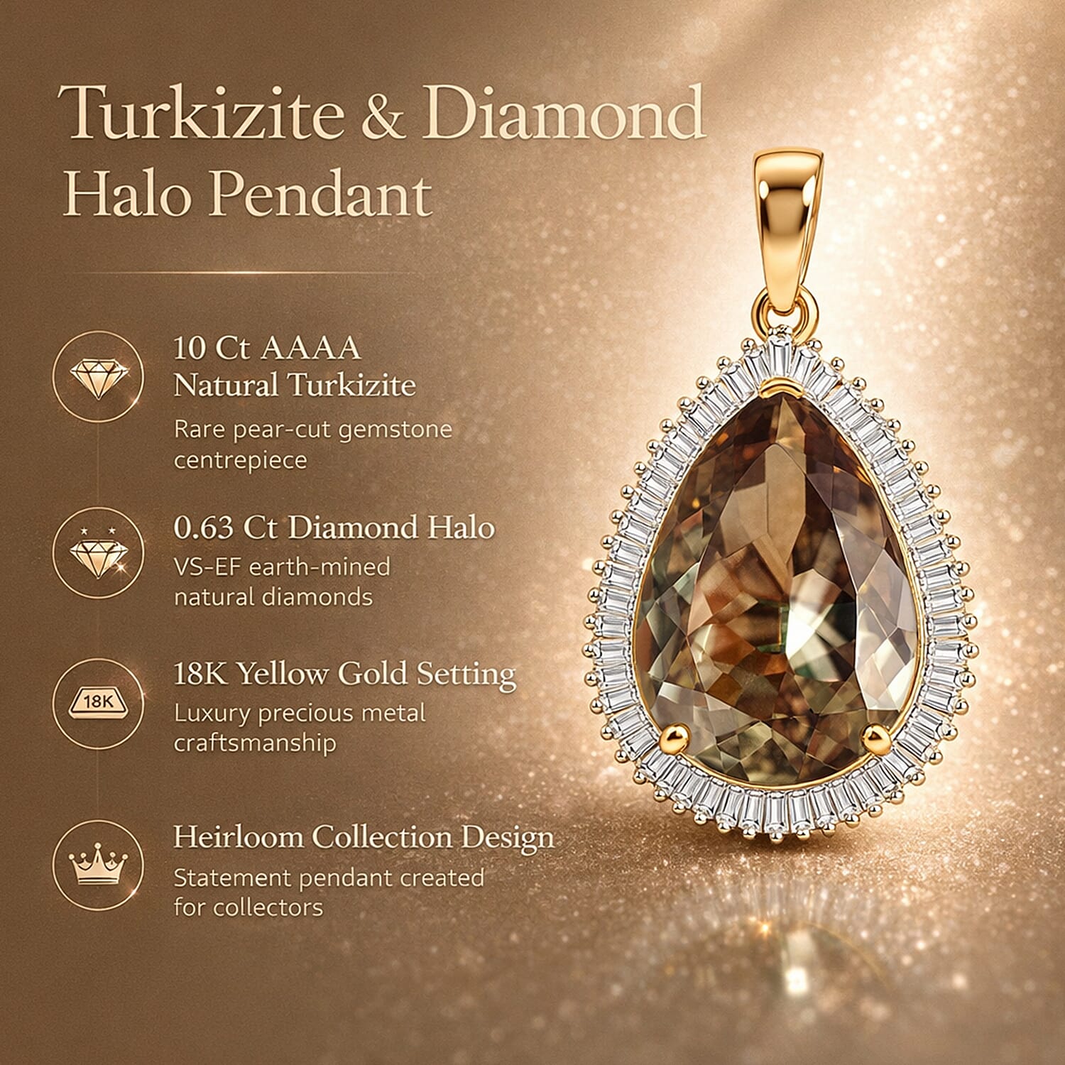 Heirloom Collection - Rhapsody 18K Yellow Gold AAAA Natural Turkizite (10ct) & VS-E-F Earth Mined Natural White Diamond (0.63ct) Pear Cut Halo Pendant 10.50 Ct,