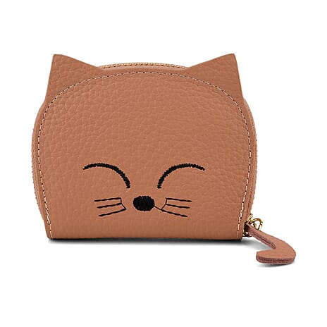 Genuine Leather RFID Blocking Novelty Cat Wallet - Dusty Rose