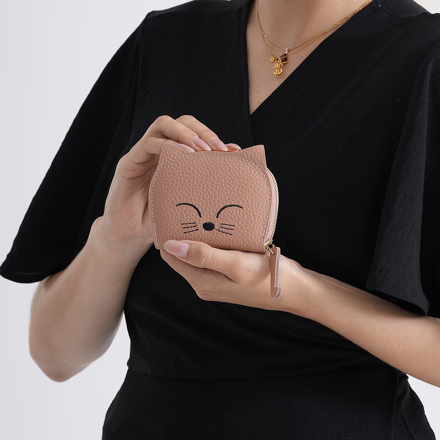 Genuine Leather RFID Blocking Novelty Cat Wallet - Dusty Rose