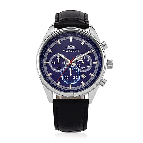 MAJESTY Multifunction VD53 Japan Quartz 3ATM WR Blue Sunshine Dial - Silver Case Mens Watch with Black Leather Strap