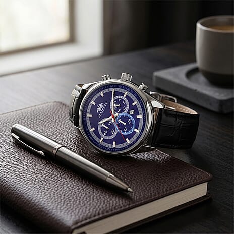 MAJESTY Multifunction VD53 Japan Quartz 3ATM WR Blue Sunshine Dial - Silver Case Mens Watch with Black Leather Strap