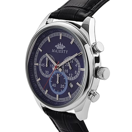 MAJESTY Multifunction VD53 Japan Quartz 3ATM WR Blue Sunshine Dial - Silver Case Mens Watch with Black Leather Strap