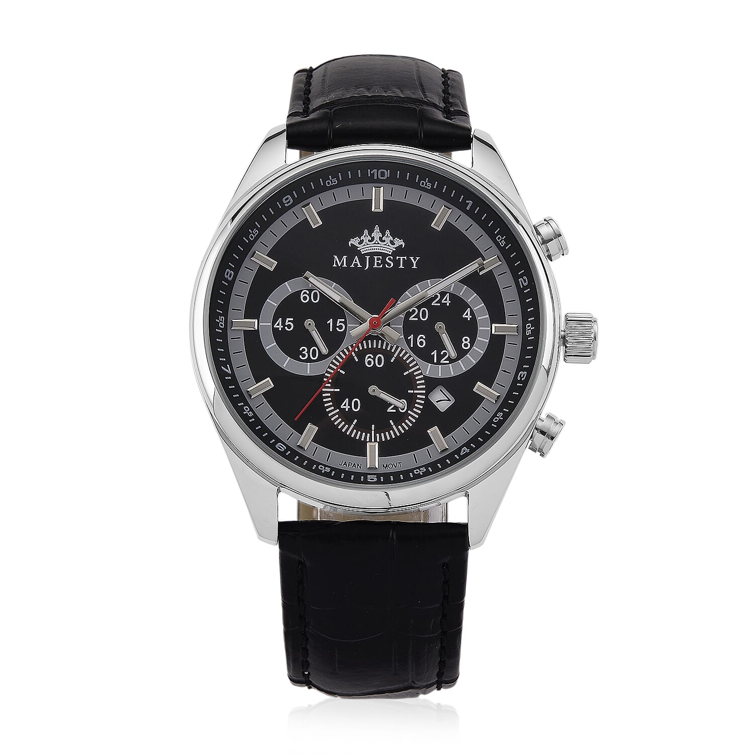 MAJESTY Multifunction VD53 Japan Quartz 3ATM WR Black Sunshine Dial - Silver Case Mens Watch with Black Leather Strap