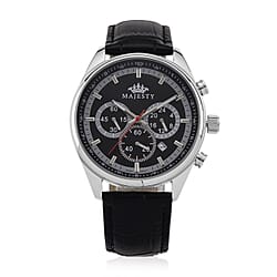 MAJESTY Multifunction VD53 Japan Quartz 3ATM WR Black Sunshine Dial - Silver Case Mens Watch with Black Leather Strap