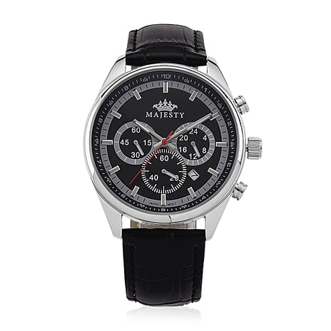MAJESTY Multifunction VD53 Japan Quartz 3ATM WR Black Sunshine Dial - Silver Case Mens Watch with Black Leather Strap
