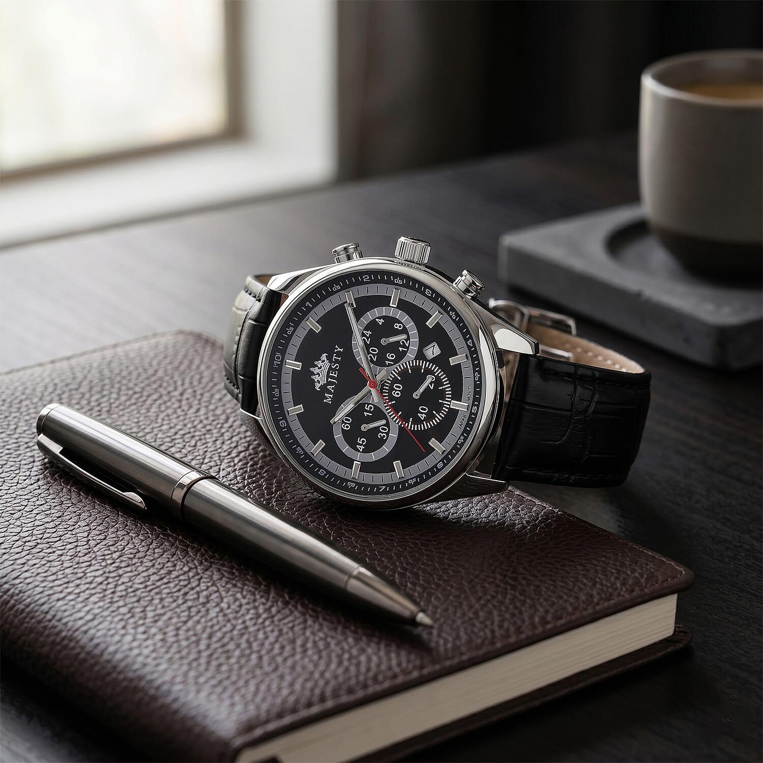 MAJESTY Multifunction VD53 Japan Quartz 3ATM WR Black Sunshine Dial - Silver Case Mens Watch with Black Leather Strap