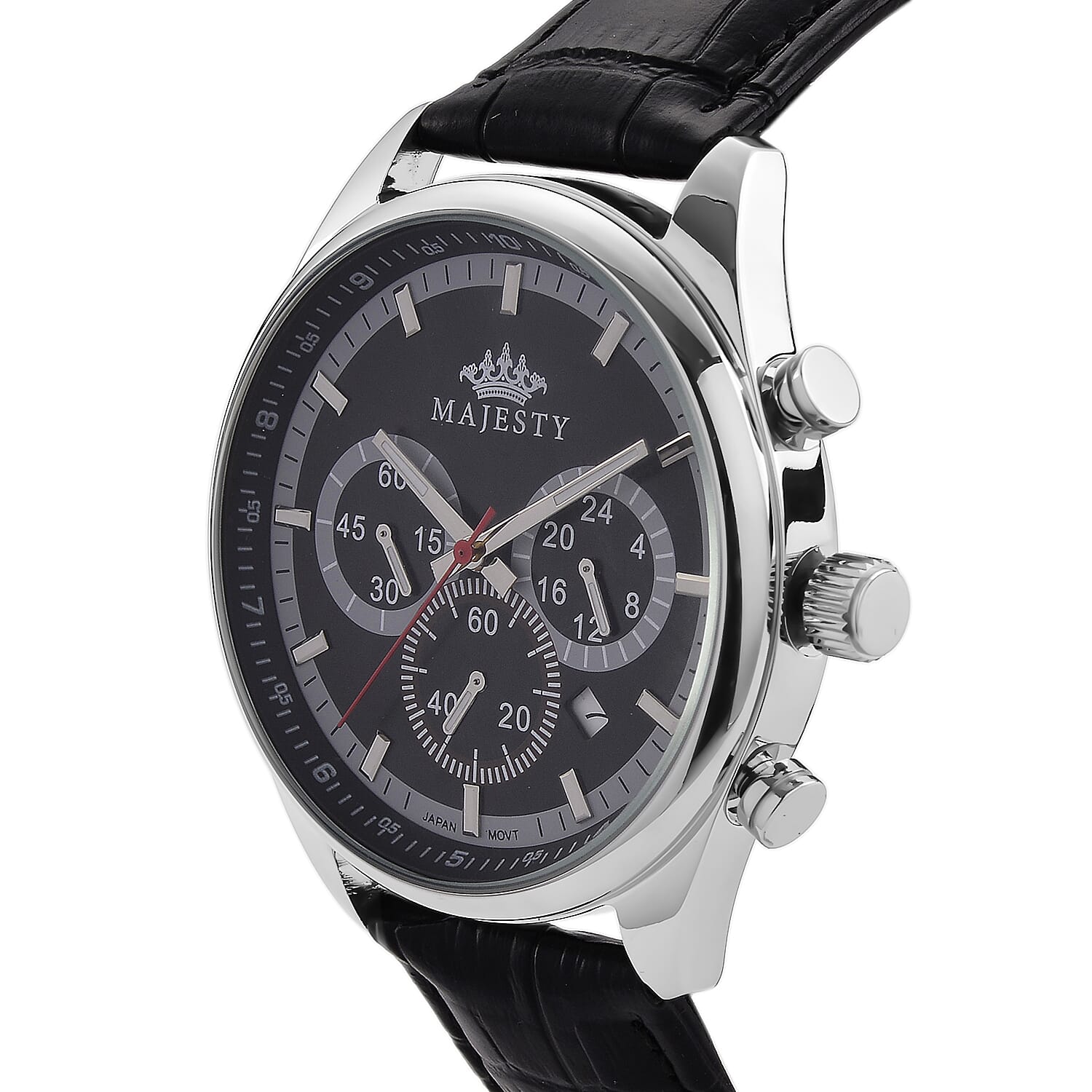 MAJESTY Multifunction VD53 Japan Quartz 3ATM WR Black Sunshine Dial - Silver Case Mens Watch with Black Leather Strap