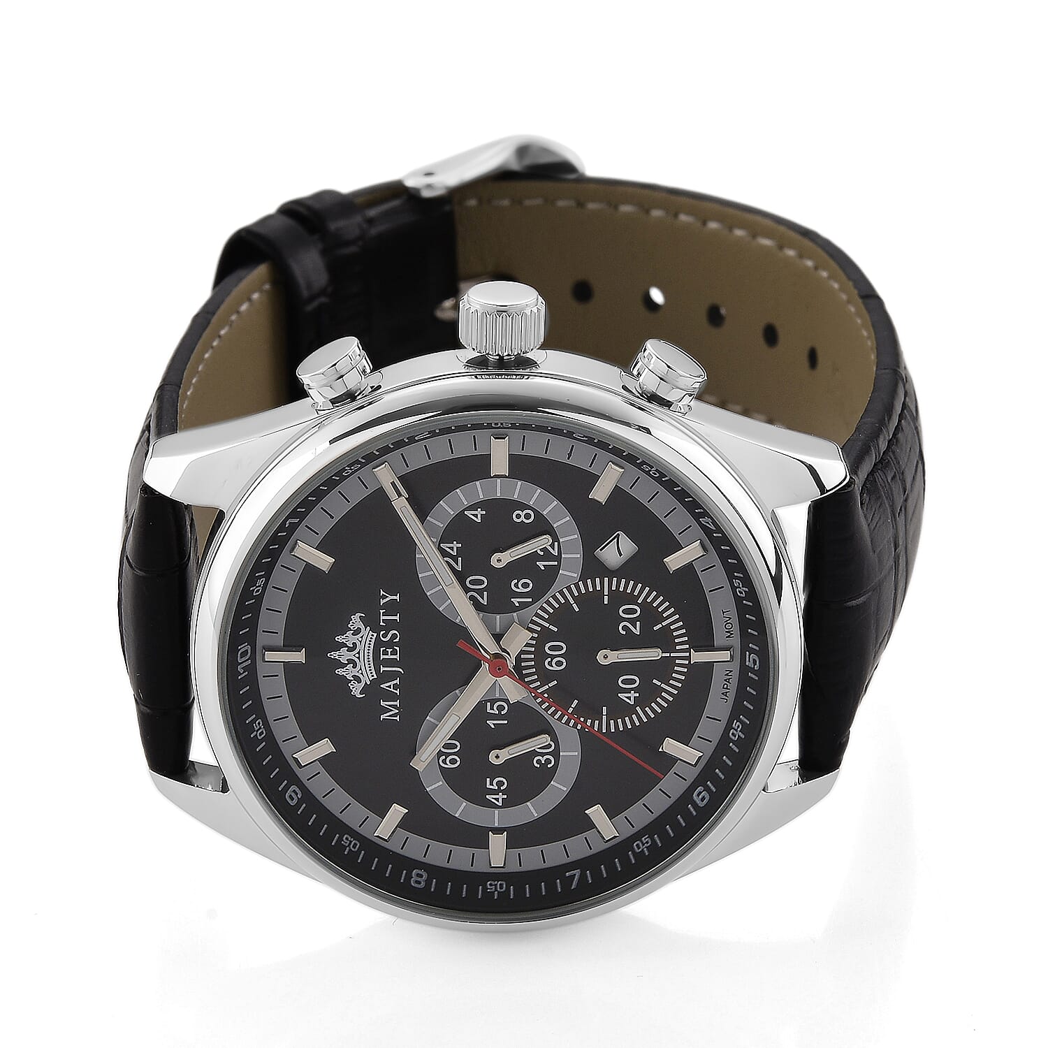 MAJESTY Multifunction VD53 Japan Quartz 3ATM WR Black Sunshine Dial - Silver Case Mens Watch with Black Leather Strap