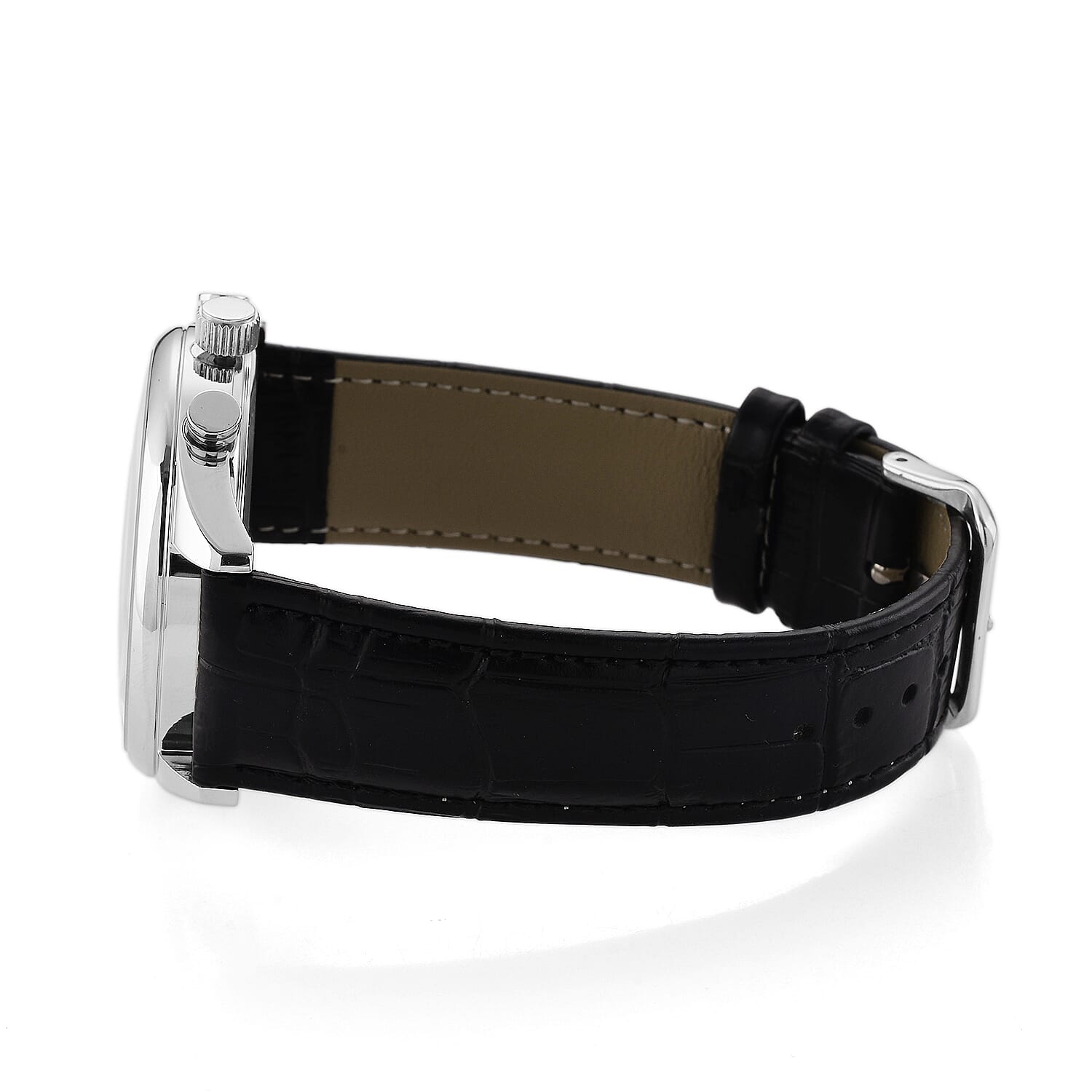 MAJESTY Multifunction VD53 Japan Quartz 3ATM WR Black Sunshine Dial - Silver Case Mens Watch with Black Leather Strap