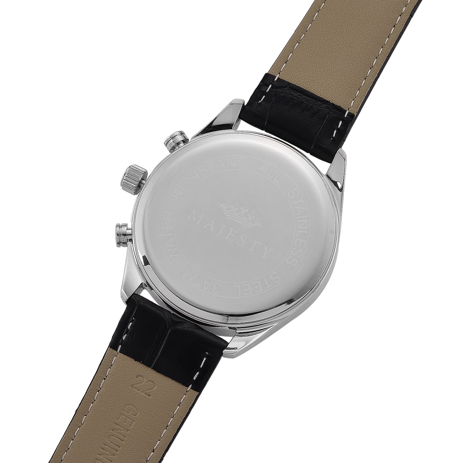 MAJESTY Multifunction VD53 Japan Quartz 3ATM WR Black Sunshine Dial - Silver Case Mens Watch with Black Leather Strap