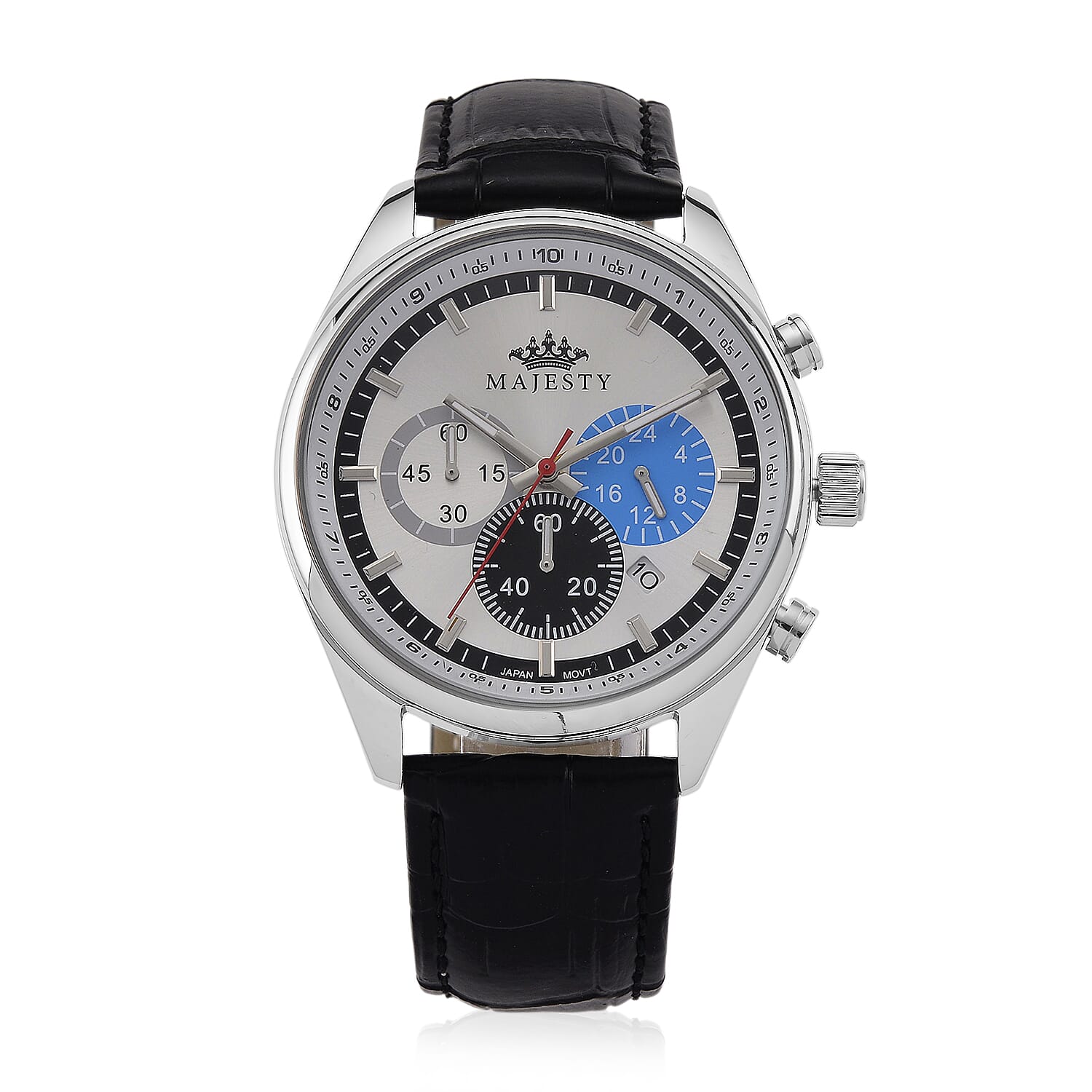 MAJESTY Multifunction VD53 Japan Quartz 3ATM WR White Sunshine Dial - Silver Case Mens Watch with Black Leather Strap