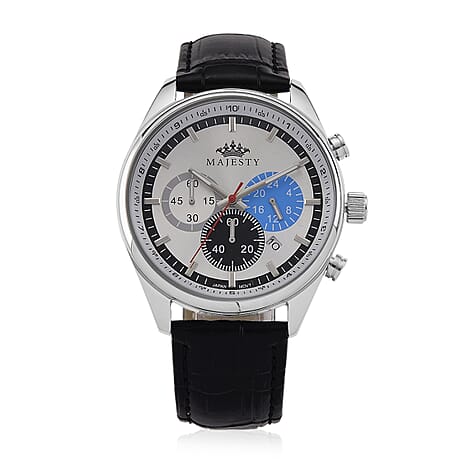 MAJESTY Multifunction VD53 Japan Quartz 3ATM WR White Sunshine Dial - Silver Case Mens Watch with Black Leather Strap