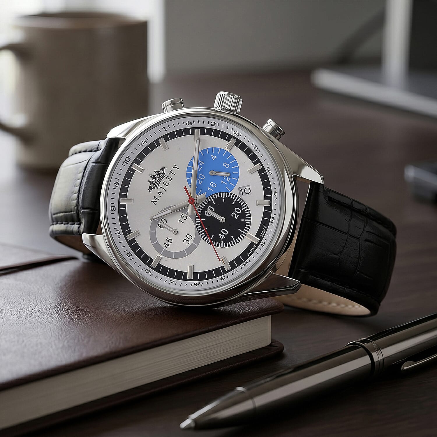 MAJESTY Multifunction VD53 Japan Quartz 3ATM WR White Sunshine Dial - Silver Case Mens Watch with Black Leather Strap
