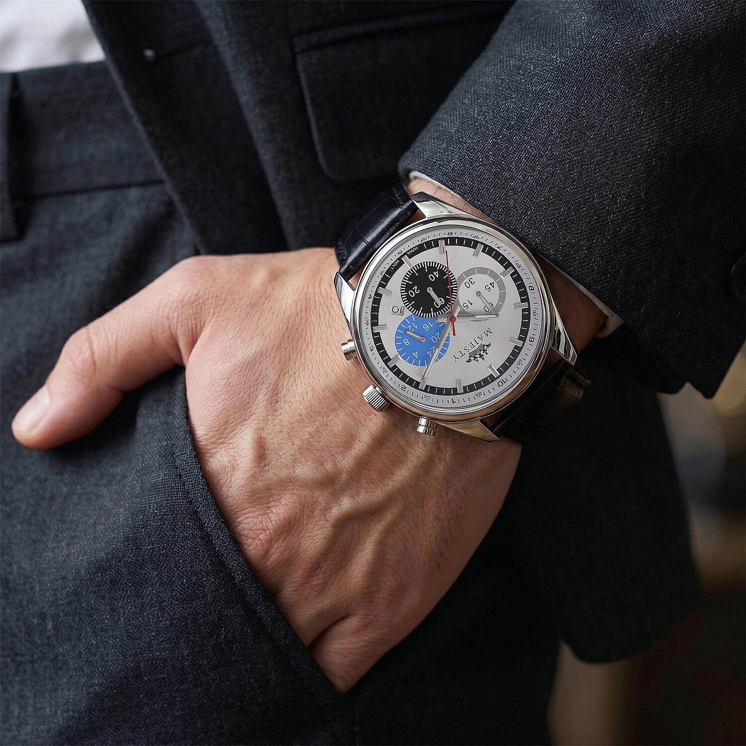 MAJESTY Multifunction VD53 Japan Quartz 3ATM WR White Sunshine Dial - Silver Case Mens Watch with Black Leather Strap