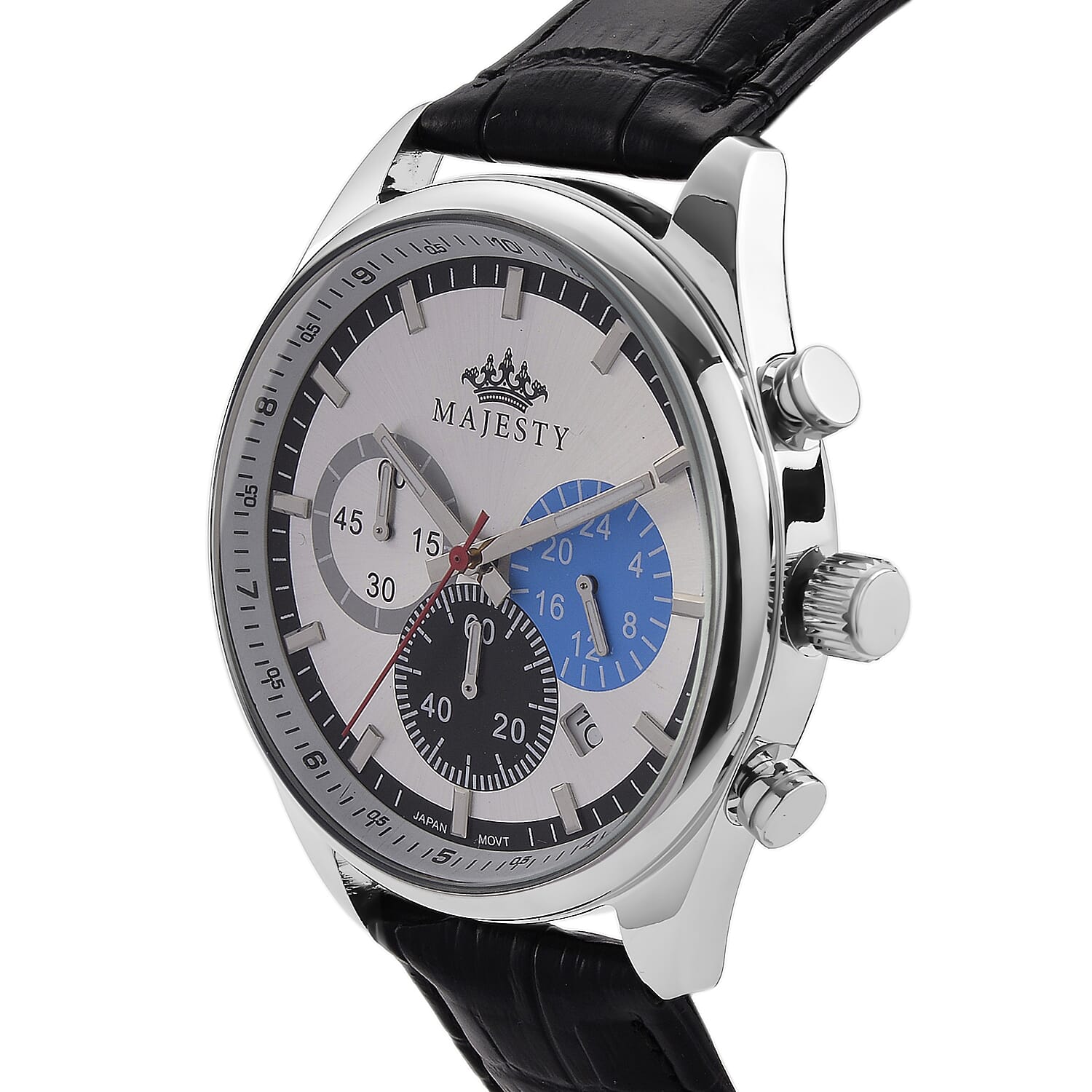 MAJESTY Multifunction VD53 Japan Quartz 3ATM WR White Sunshine Dial - Silver Case Mens Watch with Black Leather Strap