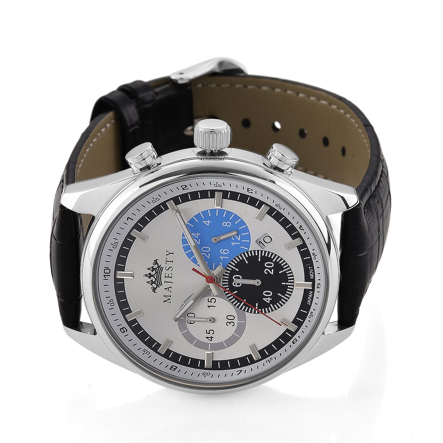 MAJESTY Multifunction VD53 Japan Quartz 3ATM WR White Sunshine Dial - Silver Case Mens Watch with Black Leather Strap