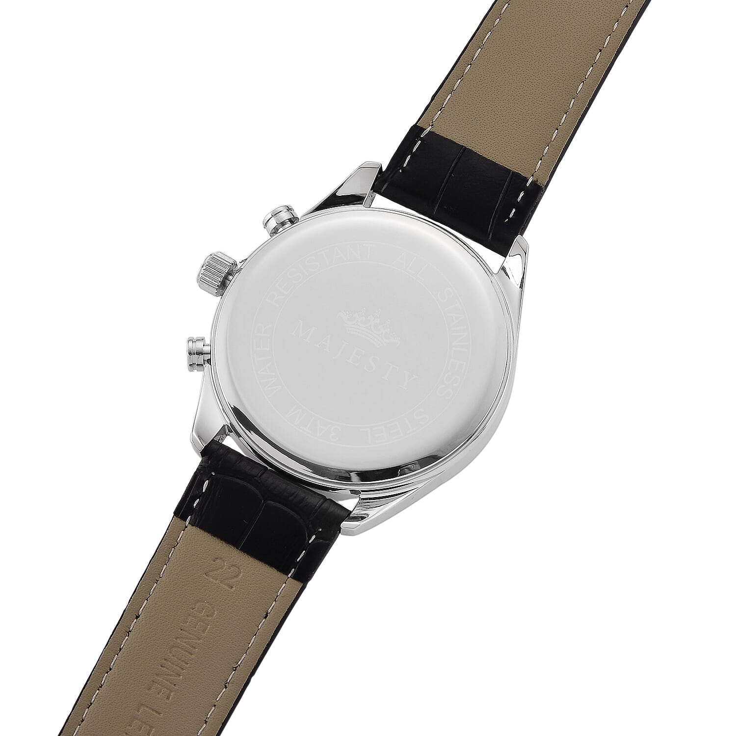 MAJESTY Multifunction VD53 Japan Quartz 3ATM WR White Sunshine Dial - Silver Case Mens Watch with Black Leather Strap