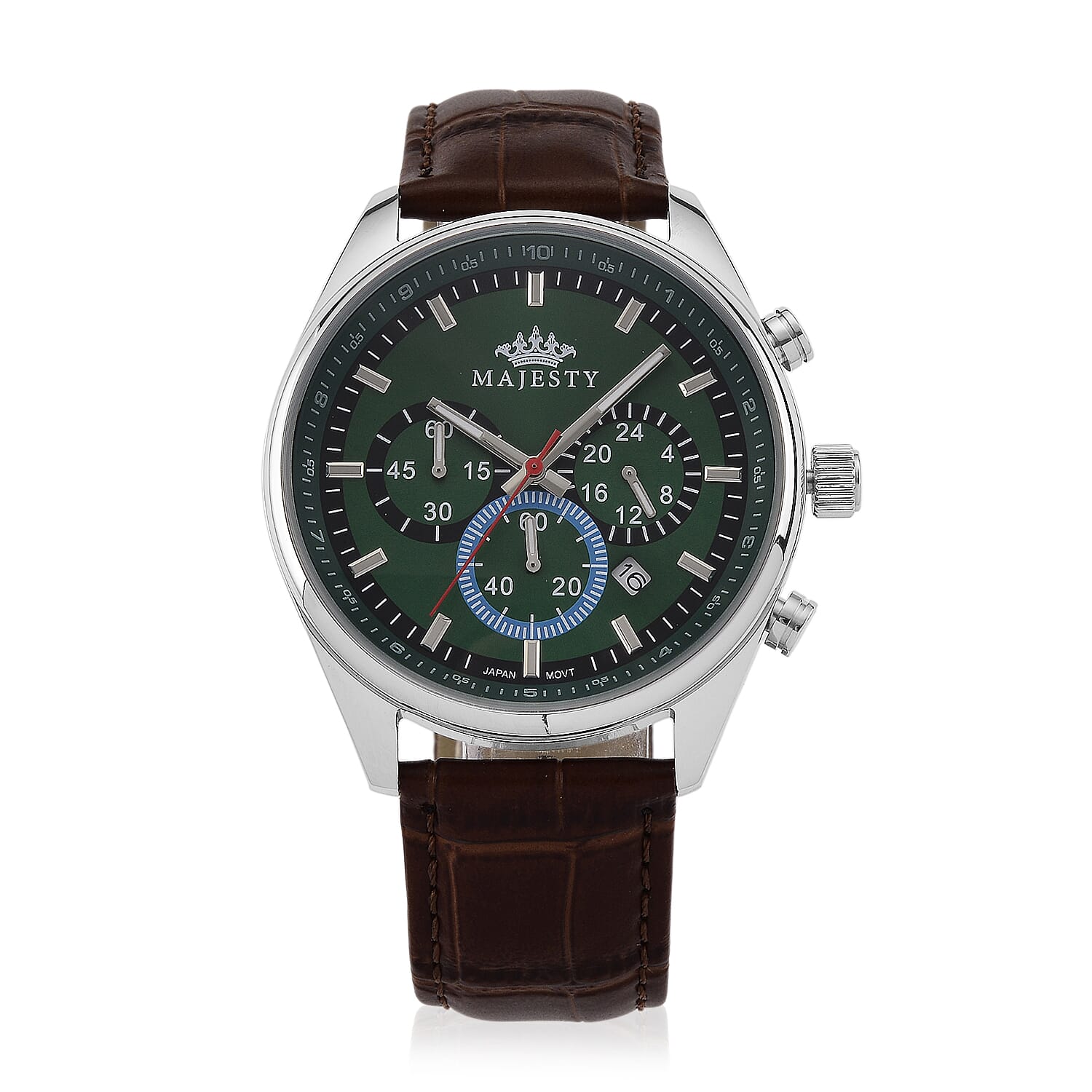 MAJESTY Multifunction VD53 Japan Quartz 3ATM WR Green Sunshine Dial - Rose Case Mens Watch with Brown Leather Strap