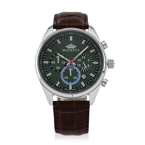 MAJESTY Multifunction VD53 Japan Quartz 3ATM WR Green Sunshine Dial - Rose Case Mens Watch with Brown Leather Strap