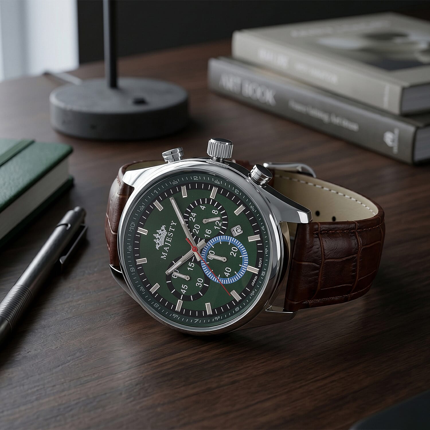 MAJESTY Multifunction VD53 Japan Quartz 3ATM WR Green Sunshine Dial - Rose Case Mens Watch with Brown Leather Strap