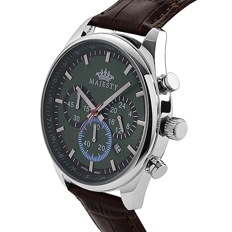 MAJESTY Multifunction VD53 Japan Quartz 3ATM WR Green Sunshine Dial - Rose Case Mens Watch with Brown Leather Strap