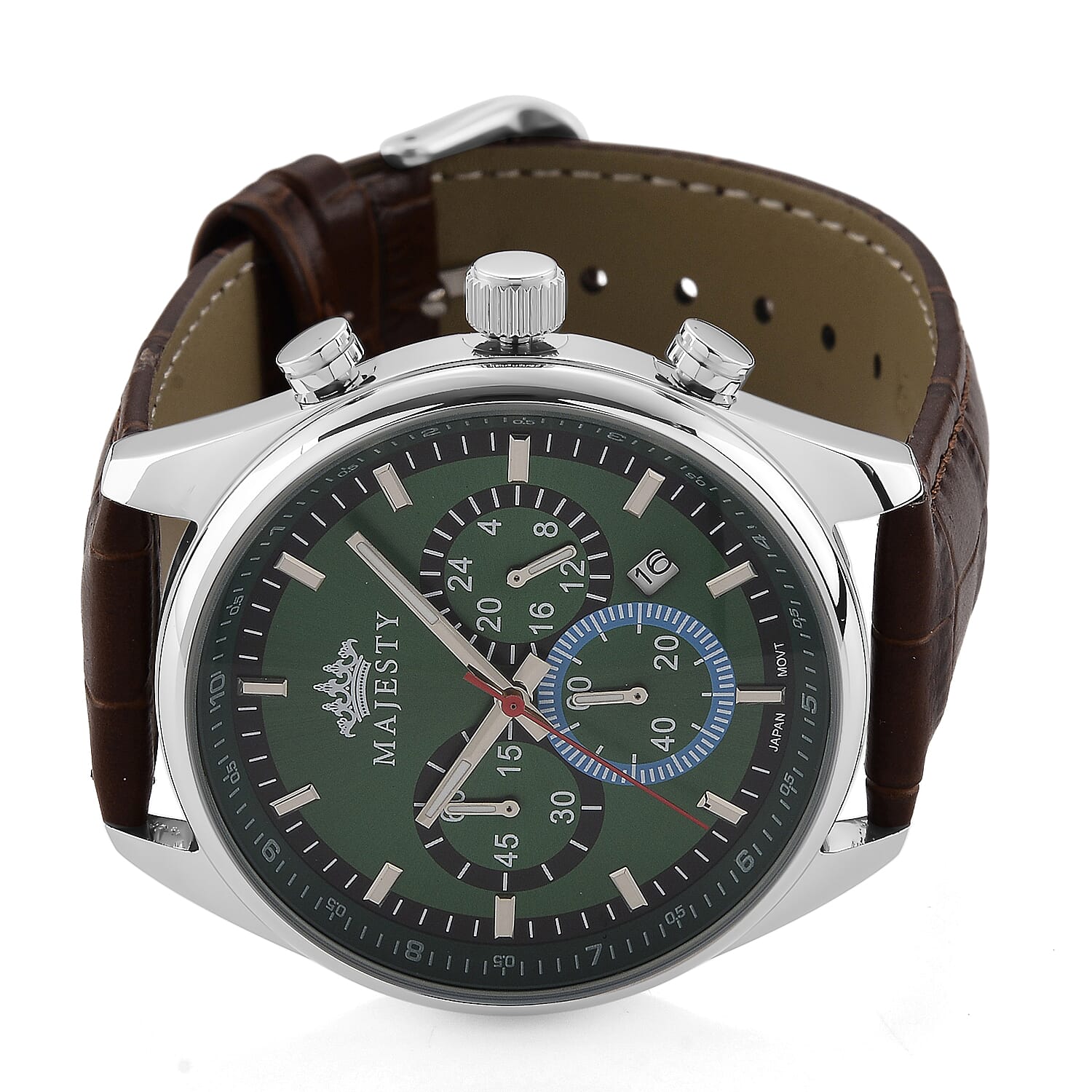 MAJESTY Multifunction VD53 Japan Quartz 3ATM WR Green Sunshine Dial - Rose Case Mens Watch with Brown Leather Strap