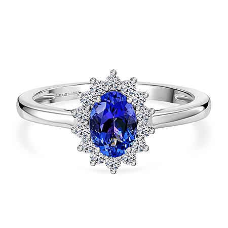 AAA Tanzanite & Lab Grown Diamond (SI-GH) Halo Ring in Rhodium Overlay Sterling Silver 1.30 Ct.