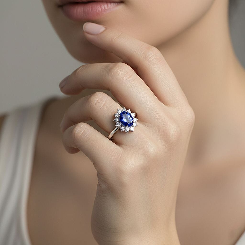 AAA Tanzanite & Lab Grown Diamond (SI-GH) Halo Ring in Rhodium Overlay Sterling Silver 1.30 Ct.