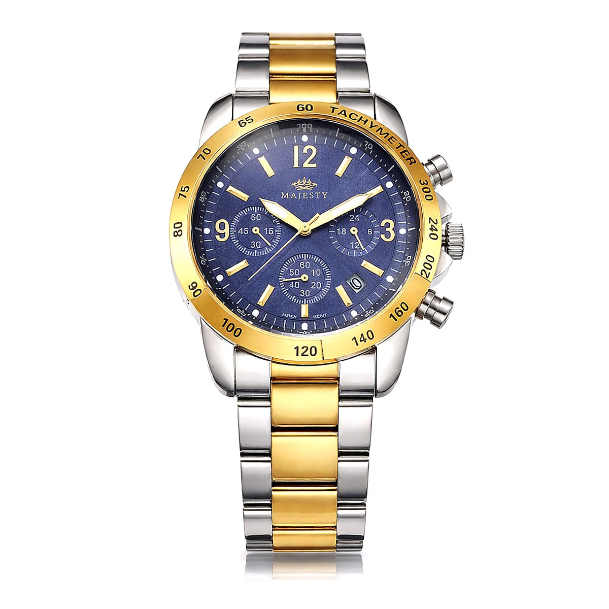 MAJESTY Multifunction VD53 Japan Quartz 3ATM WR Blue Sunshine Dial Mens Watch with Two-Tone Stainless Steel Strap