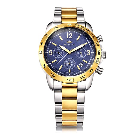 MAJESTY Multifunction VD53 Japan Quartz 3ATM WR Blue Sunshine Dial Mens Watch with Two-Tone Stainless Steel Strap