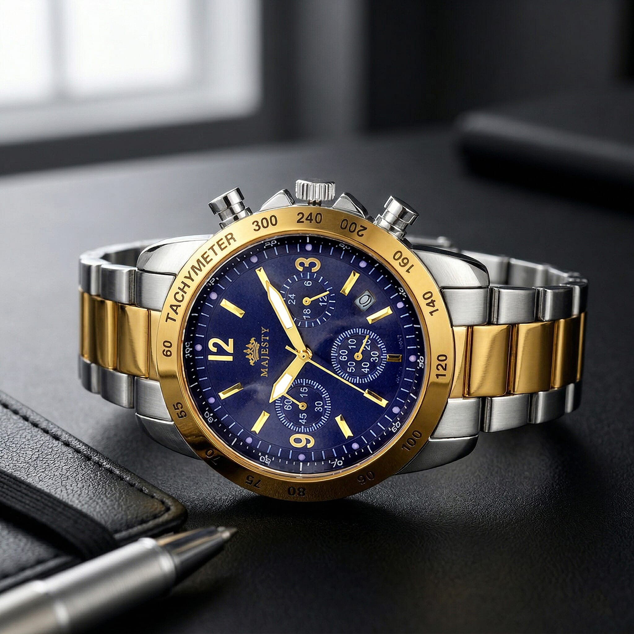 MAJESTY Multifunction VD53 Japan Quartz 3ATM WR Blue Sunshine Dial Mens Watch with Two-Tone Stainless Steel Strap